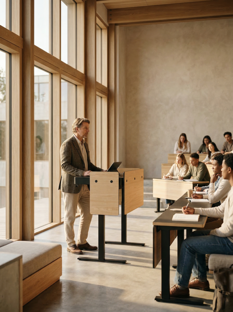 Presenter at lectern in classroom setting